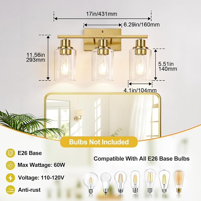 Indoi 3-Light Bathroom Light Fixtures, Brushed Gold Modern Vanity Lights with Clear Glass Shades, Bathroom Wall Lamp for Mirror Living Room Cabinet Bedroom Porch