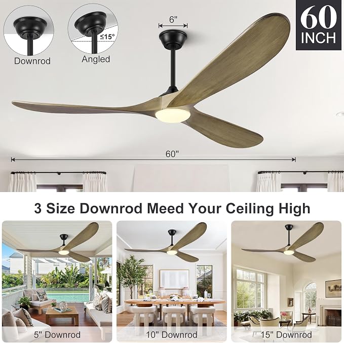 Eliora 60 Inch Ceiling Fans with Lights, Wood Outdoor Ceiling Fan for Patio and Remote Control Rustic Propeller Large Ceiling Fans with Light Farmhouse Indoor Quiet High cfm, Bronze Gray