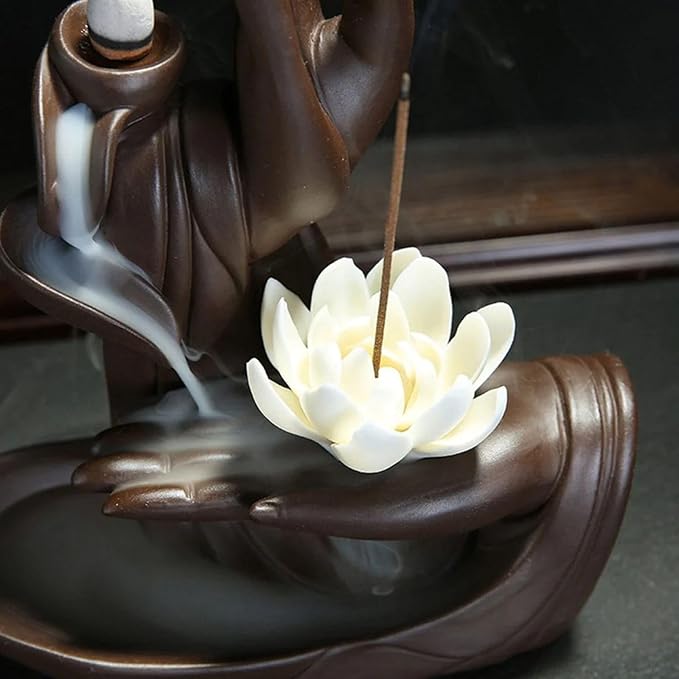 Lotus Hand Backflow Incense Burner– Ceramic Cones Incense Holder Waterfall Incense Burner & Incense Waterfall Fountain for Zen Decor Backflow Incense Cone Burner
