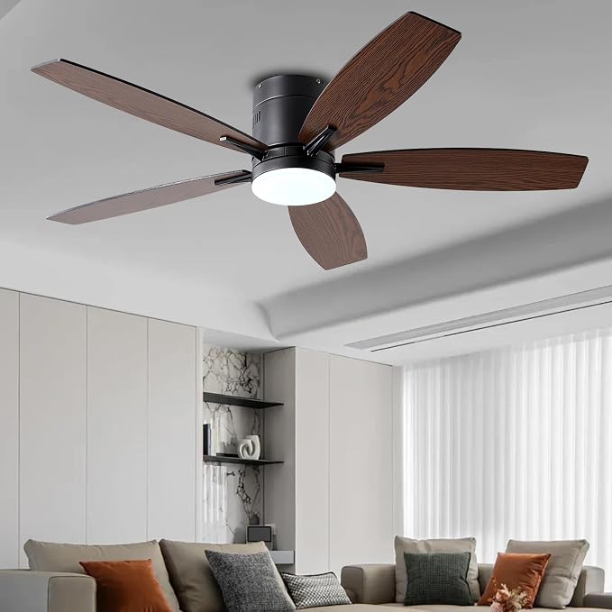 Ayaoty Ceiling Fans with Lights, 52" Low Profile Indoor Ceiling Fan with Light and Remote Control, Dimmable, Noiseless, Reversible, Brown Ceiling Fan for Bedroom, Indoor/Outdoor Use