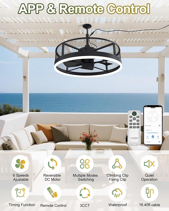 20'' Outdoor Ceiling Fan with Light, IP65 Waterproof Gazebo Hanging Fan, Remote Control, 3CCT, 6-Speed, Plug-in Caged Ceiling Fan for Patio Porch Pergola, Works with Alexa & Google Assistant