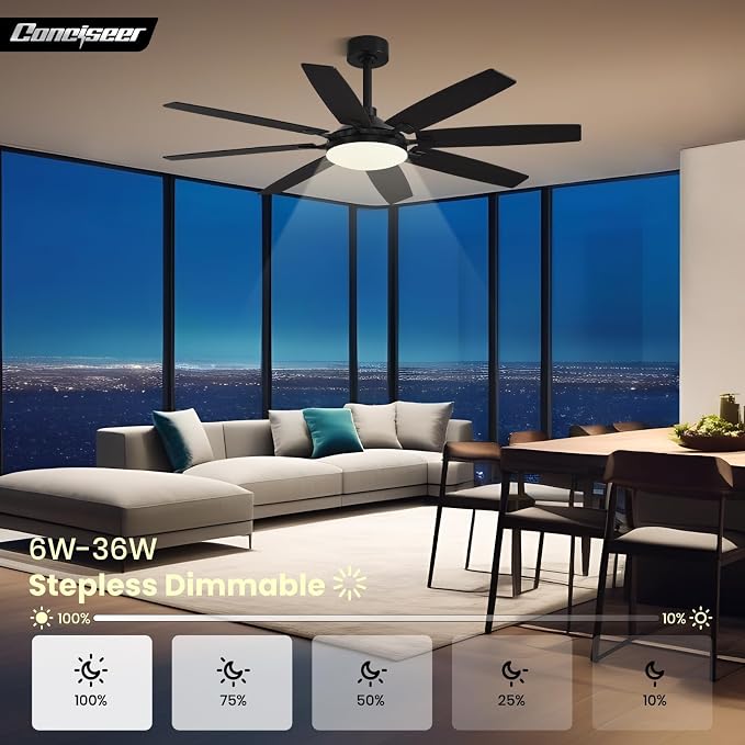 Conciseer Modern 65 Inch Ceiling Fans with Lights and Remote for Living Room Home Office Indoor/Outdoor,3CCT LED 36W, Dual Color 8 Blades 6 Speed Reversible Quiet DC Motor, Black/Wood Grain