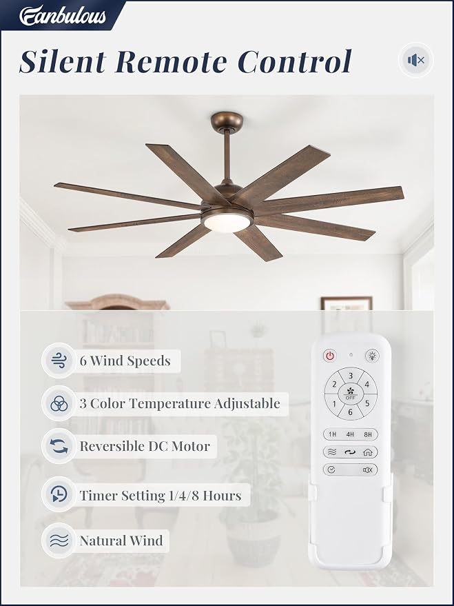 Ceiling Fans with Lights, 60 inch Large Ceiling Fan with Light and Remote, Outdoor Bronze Ceiling Fan for Living Room Patio, 6 Speeds, Reversible Quiet DC Motor, 3 CCT, Bi-Color 8 Blades