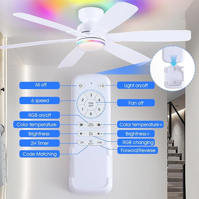 Kviflon 52" Modern Ceiling Fans with RGB Lights Remote/APP Control, Low Profile Flush Mount Ceiling Fan, 6 Reversible Plastic Blades 6 Speeds, RGB + 3 CCT Dimmable Lights for Bedroom Kidsroom, White