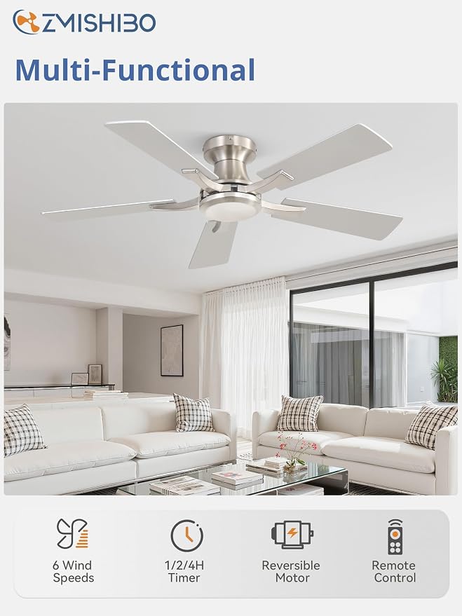 ZMISHIBO 42 Inch Ceiling Fan No Light, Flush Mount Low Profile, Modern Nickel Ceiling Fan Without Light, Remote Control & Quiet DC Motor, for Indoor&Outdoor, Bedroom, Living Room