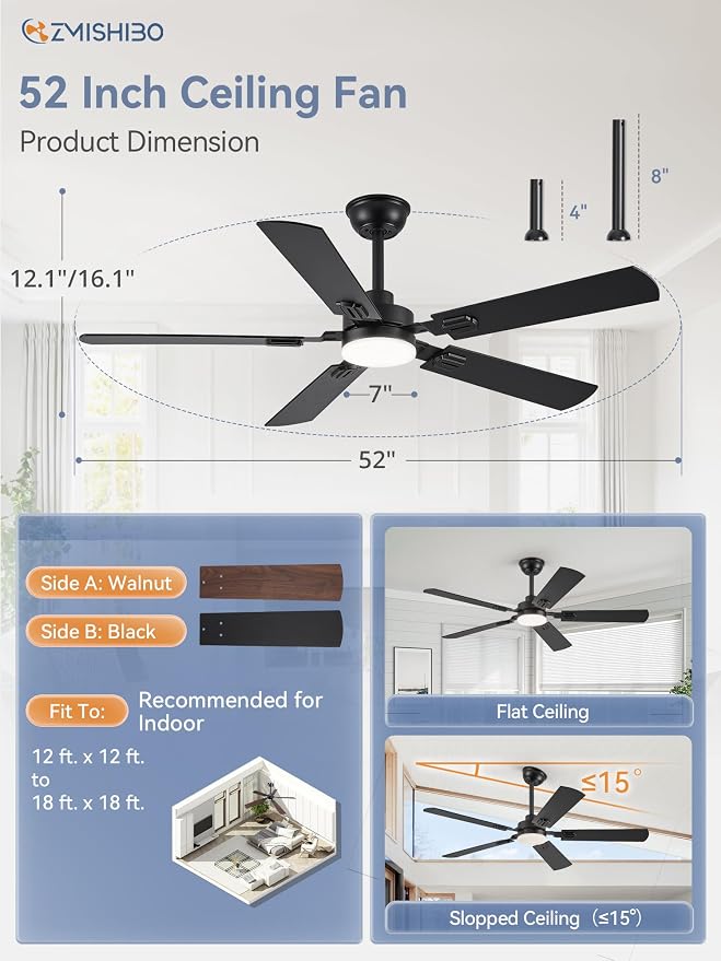 ZMISHIBO 52" Ceiling Fans with Lights, Black Modern Ceiling Fan with Remote & App Control, Farmhouse Indoor Ceiling Fan with Dual Finish Blades, Quiet & Strong Motor, 24W Dimmable Bright LED Light