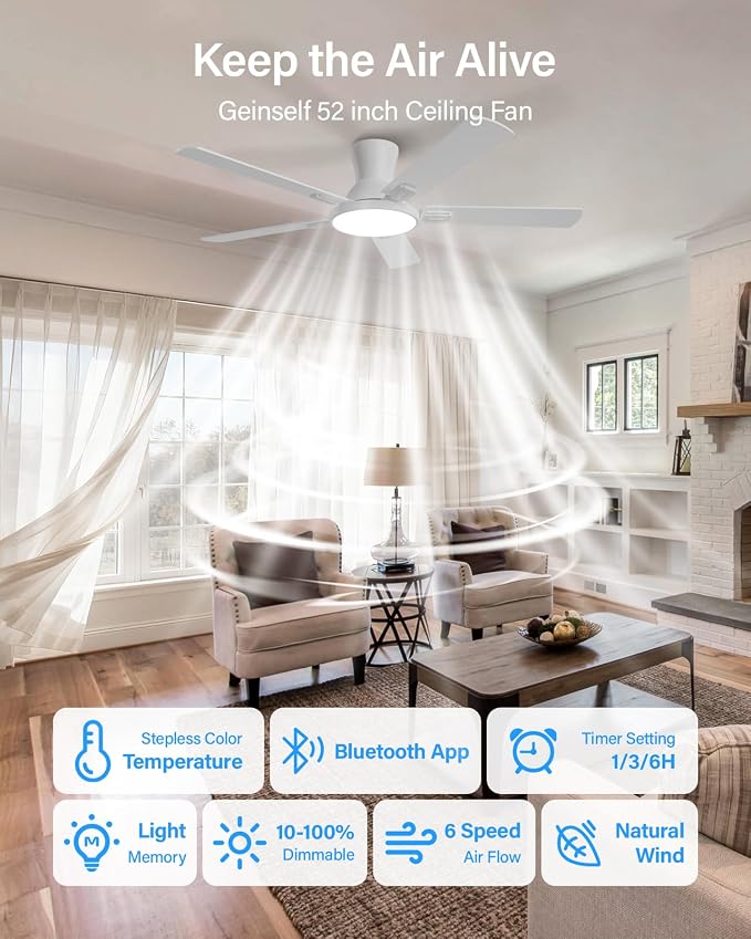 52 Inch Ceiling Fans with Lights and Remote, Flush Mount Low Profile Smart Ceiling Fan with WIFI Alexa App Control, Quiet Reversible DC Motor, 6 Speeds, Dimmable LED Light, White