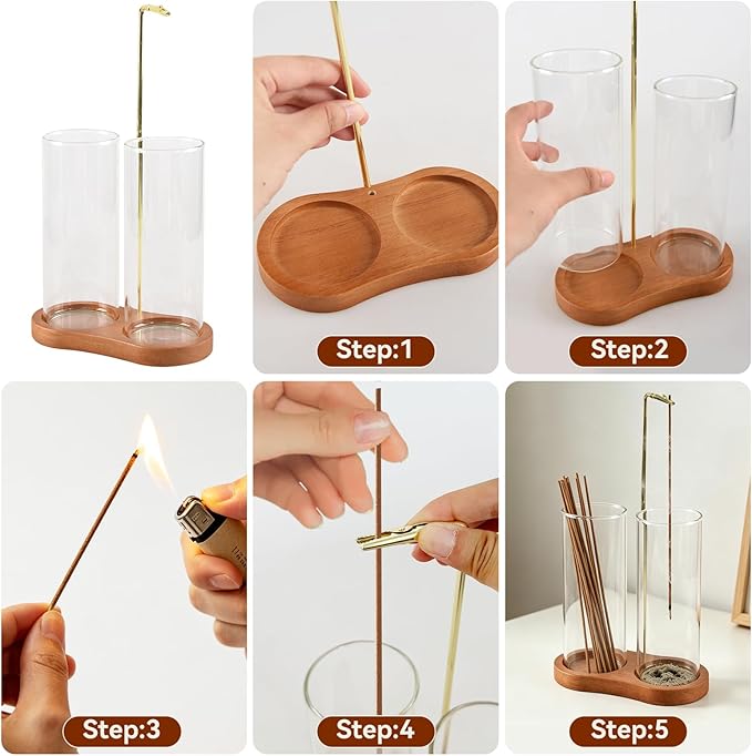 2 in 1 Incense Holder, Wooden Incense Holder for Sticks with Glass Ash Catcher & Storage, Anti-Ash Flying Incense Burner for Meditation, Yoga, Spa Home Boho Decor (Round Brown)
