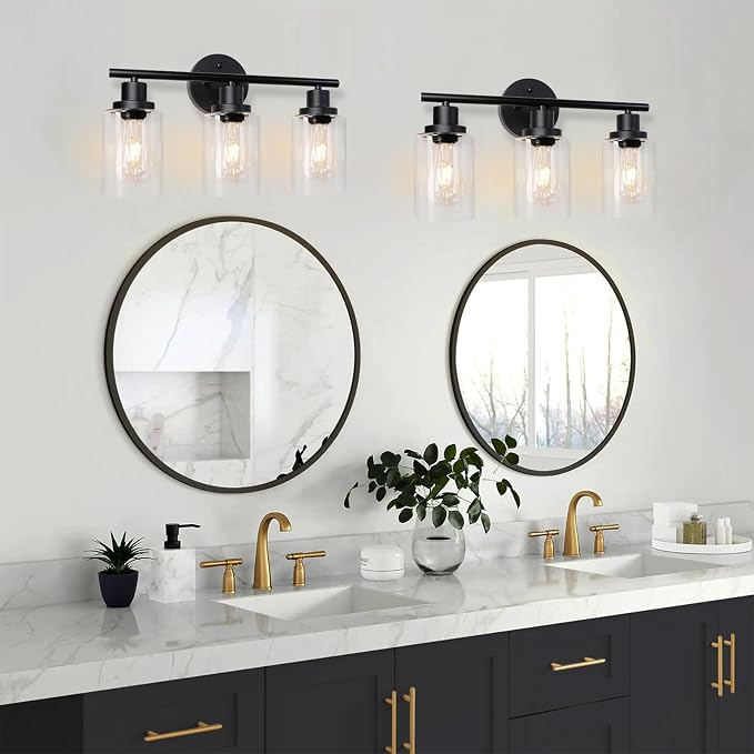 Unicozin 2 Pack Modern Bathroom Light Fixtures, 3 Light Vanity Lights, Black Wall Lamp with Clear Glass for Bathroom, Mirror, Living Room, Bedroom, Hallway, E26 Base