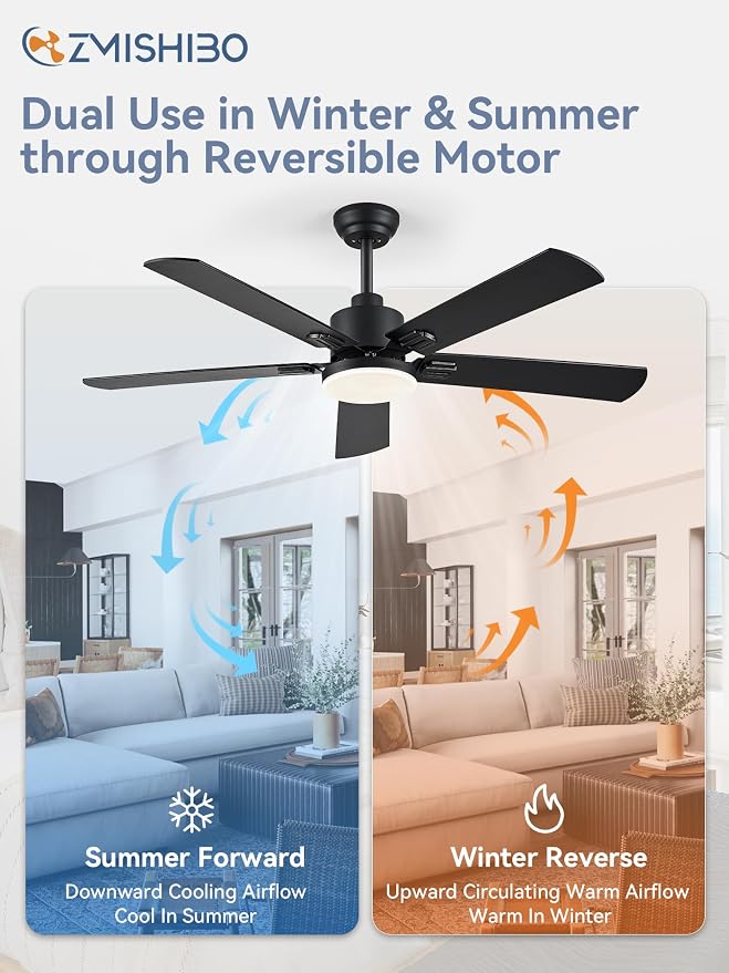 ZMISHIBO 2 Pack 52" Ceiling Fans with Lights, Black Modern Ceiling Fan with Remote & App Control, Farmhouse Indoor Fan with Dual Finish Blades, Quiet & Strong Motor, 24W Dimmable Bright LED Light.