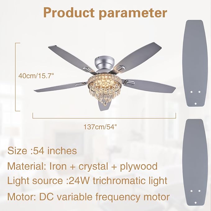 Crystal Ceiling Fan Fandelier with Lights-Ceiling Fans with Lights,54" Low Profile and Remote Control, Flush Mount, Reversible, Dimmable, Noiseless, Sliver Ceiling Fan for Bedroom
