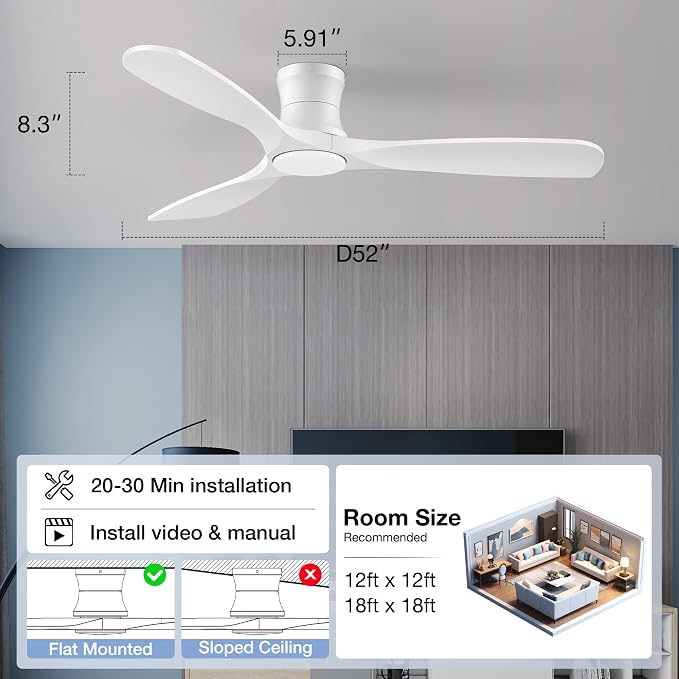 52” Smart Wood Ceiling Fans with Lights Remote,Low Profile Flush Mount Ceiling Fan with Alexa App Control,3 White Blades,Outdoor Indoor Use for Modern Bedroom Patio,Dimmable LED,6-speed,Quiet DC Motor