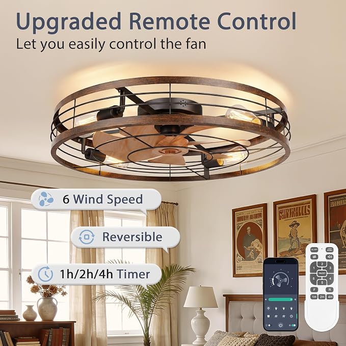 VOLISUN 27.6'' Caged Ceiling Fan with Light and Remote,Rustic Low Profile Ceiling Fan with Light Flush Mount, Farmhouse Bladeless Fandelier Ceiling Fans with Lights for Kitchen,Bedroom-Gold