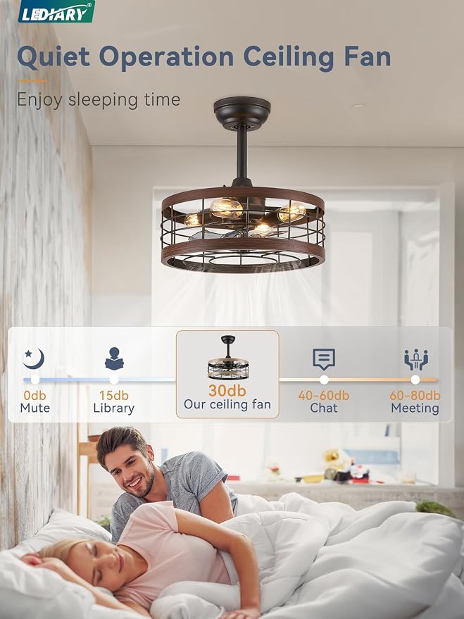 LEDIARY 16.5in Caged Ceiling Fan with Light, Bladeless Industrial Ceiling Fan with Remote, Rustic Metal Fan Lights Ceiling Fixtures for Kitchen, Farmhouse, Bedroom（6 Speed,1/2/4/8h Timing）-Walnut