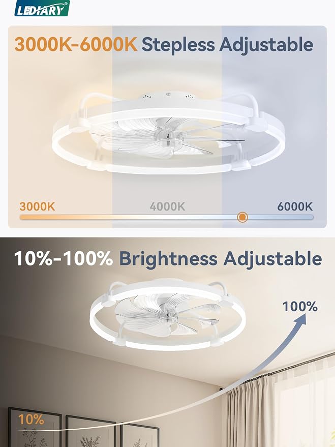 LEDIARY 2 Pack Ceiling Fans with Lights and Remote, 24'' Low Profile Ceiling Fan with Light, 3000-6000K Dimmable Fandelier LED Fan Light, 6 Wind Speeds, White Flush Mount Ceiling Fan for Bedroom