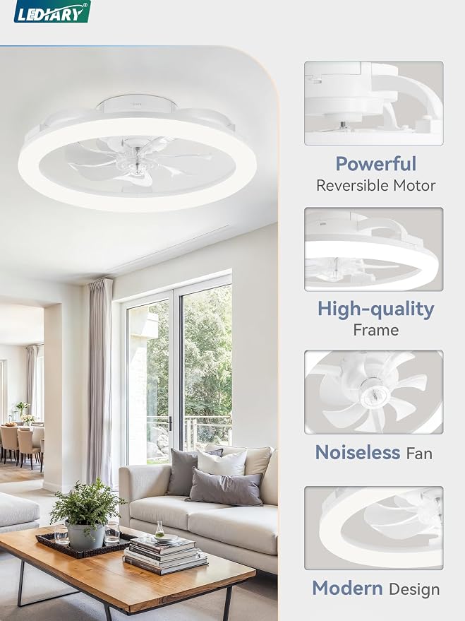 LEDIARY 20 Inch Low Profile Ceiling Fans with Lights and Remote, Dimmable Modern Fan Light(3000K-6000K), 6 Speed, Reversible, APP & Remote Control, Flush Mount Ceiling Fan for Bedroom, White