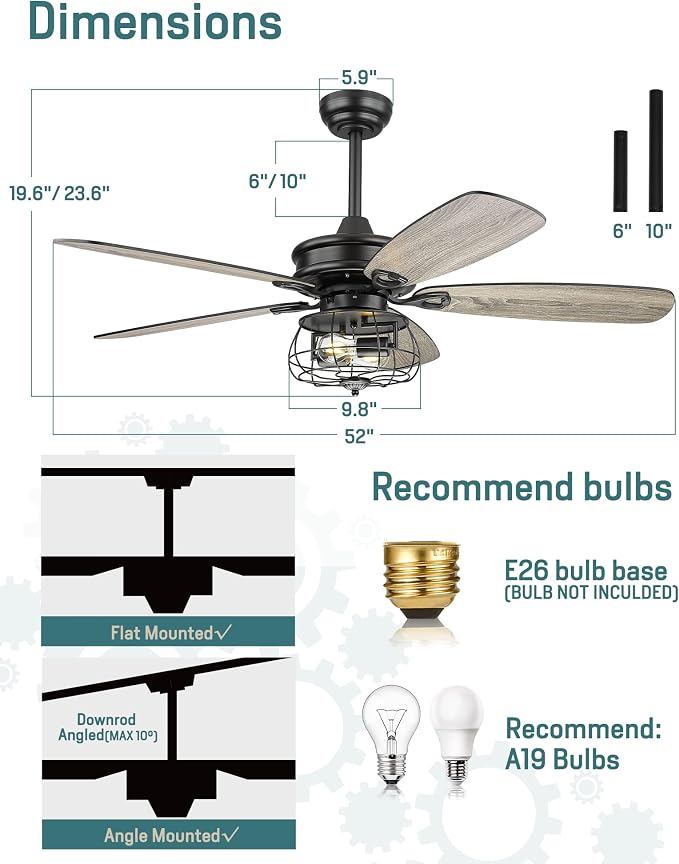 Melkelen Farmhouse Ceiling Fans, 52 Inch Ceiling Fans with Lights and Remote Control, Rustic Barnwood Blades, Industrial Cage Light, Matte Black (MK03-BK)