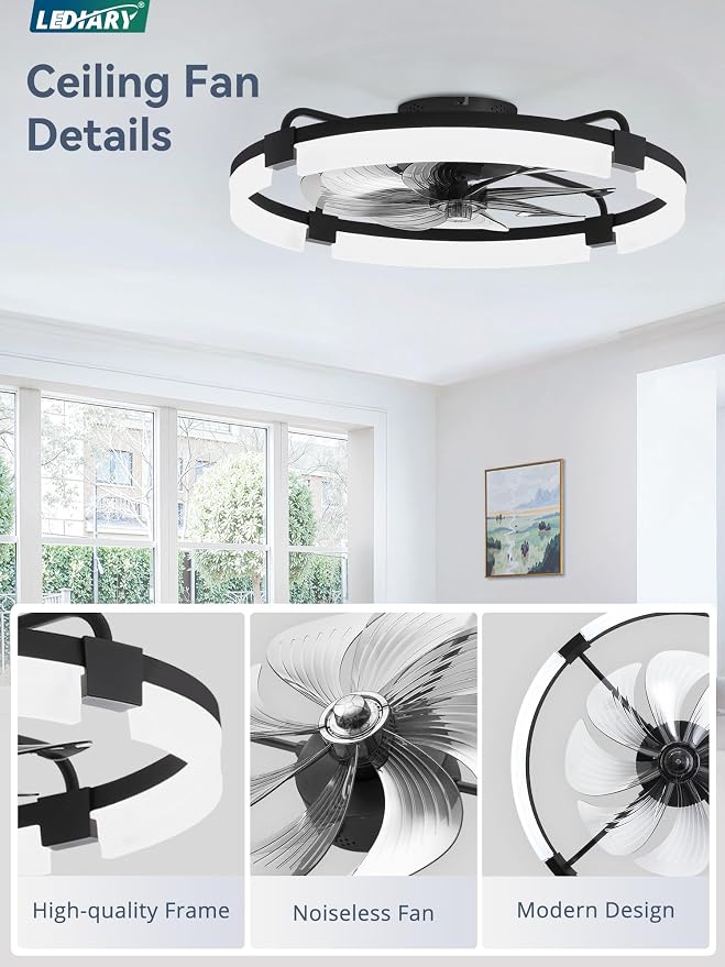 LEDIARY 24" Ceiling Fans with Lights and Remote, Modern Low Profile Ceiling Fan, 3 CCT, Stepless Dimmable, Fandelier Flush Mount Fan Light, 6 Speeds, DC Motor, App & Remote Control for Bedroom(Black)