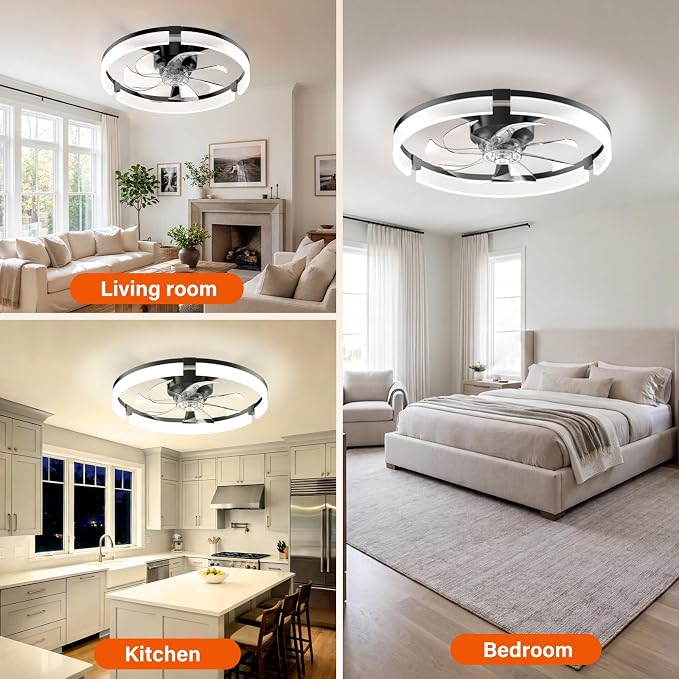 Ceiling Fans with Lights and Remote, 20'' Low Profile Ceiling Fan with APP Control, 3000K-6500K Dimmable, Quiet Reversible DC, Modern Flush Mount Fandelier for Bedroom (Black-Frosted)