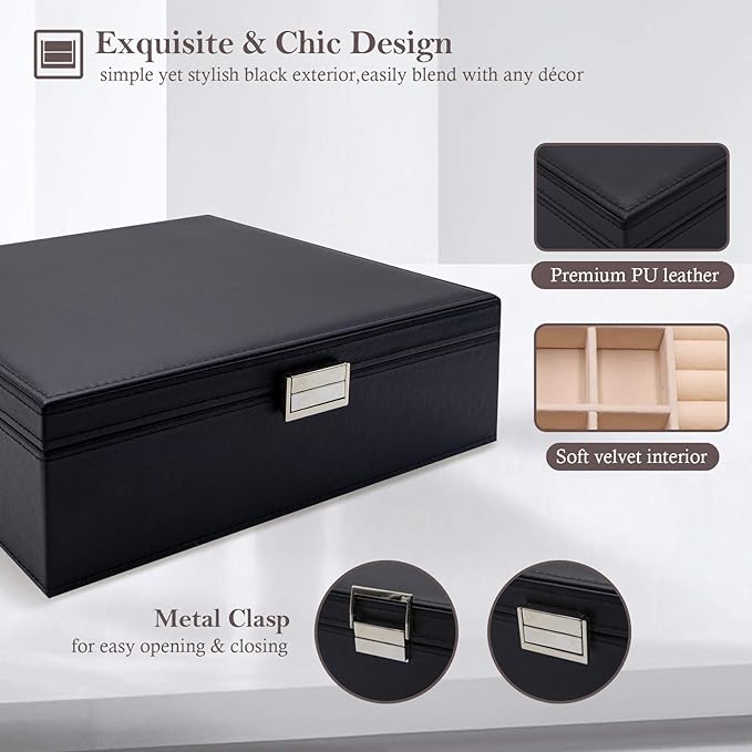 ProCase 2 Layers Jewelry Box for Women -Black | Large Leather Jewelry Organizer Storage Case with Removable Pad for Earrings