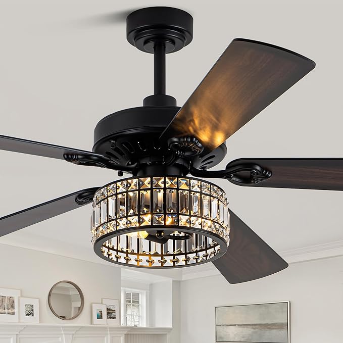 60" Crystal Ceiling Fan with Lights and Remote, Rustic Chandelier | Farmhouse Fandelier Ceiling Fan, Crystal Caged Chandelier for Living Room Indoor Cover Porch, Reversible DC Motor 6 Speeds