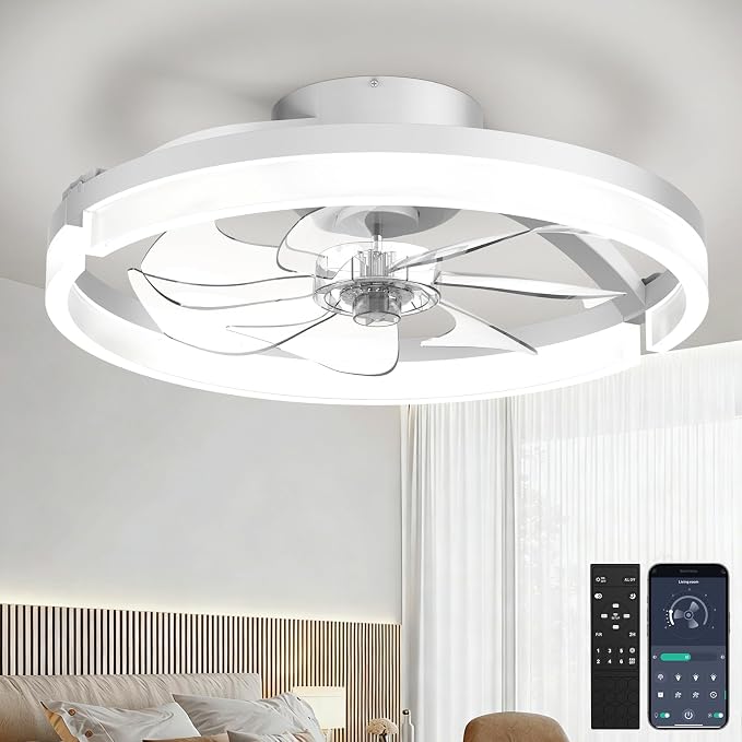 Ceiling Fans with Lights and Remote, Low Profile Ceiling Fan, Morden Flush Mount LED Fan Light, 3000K-6500K Dimmable for Bedroom, Kitchen, Living Room, Frosted, White
