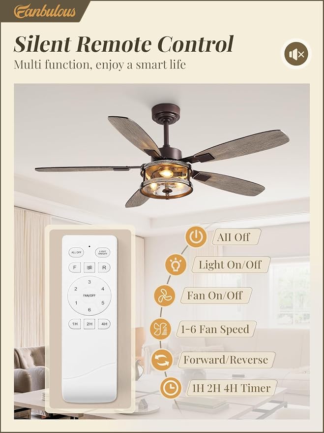 Fanbulous Farmhouse Ceiling Fan with Light and Remote, 52" Black Rustic Flush Mount Ceiling Fans for Bedroom Living Room, Industrial Caged Ceiling Fan for 6 Speed Reversible Motor, 5 Dual Blades
