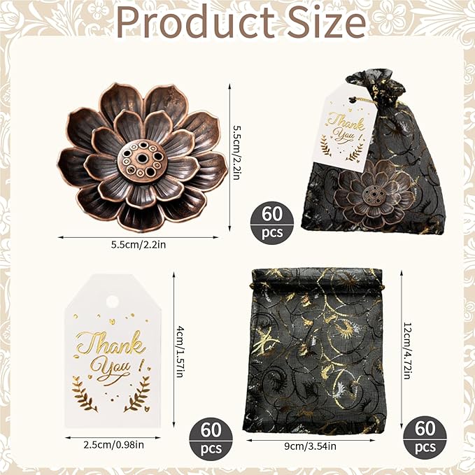 60Set Diwali Gifts Bulk, Lotus Incense Holder Set Ideal Return Gifts for Pooja, Brass Lotus Incense Sticks Holder with Organza Bag and Thank You Card for Indian Return Gift Party Favors