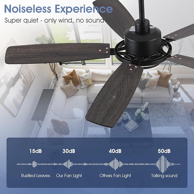 SHIHOT 54" Black Modern Ceiling Fans with Lights&Remote for Bedroom Kitchen | 6 Wind Speeds, Reversible, Dimmable 3 Light Colors LED Light, 30W Noiseless DC Motor,5 Double-Sided Blades,2H Timer