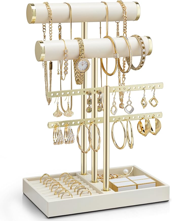 VLANDO 3 Tier Bracelet Holder Display, Leather Jewelry Holder Display for Women, Detachable Jewelry Stand for Bracelet, Necklace, Earrings, Rings - Beige