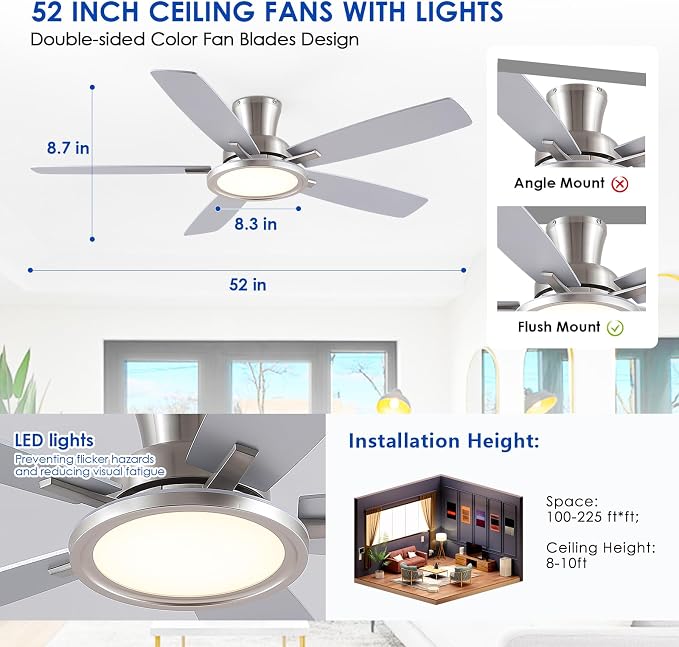BYKISTOK 52“ Ceiling Fan with Lights and Remote/APP - Flush Mount Low Profile Ceiling Fan Light with 3CCT Dimmable, 6 Speeds Reversible, Modern Fan Light Fixture for Indoor, Covered Patios, Nickel