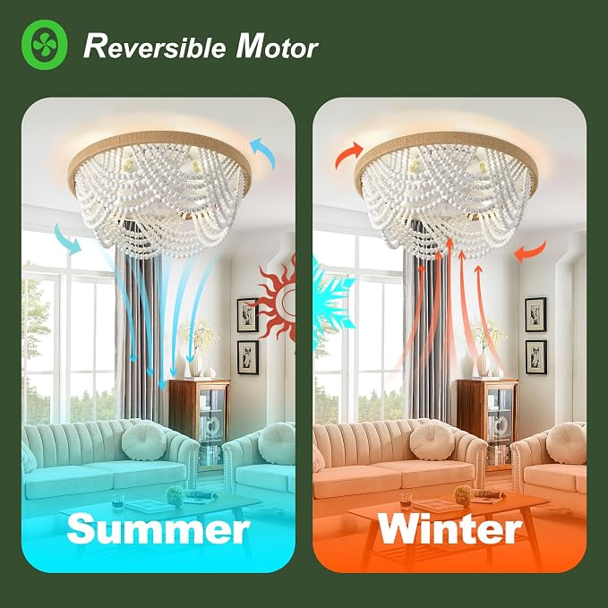 Ceiling Fans with Lights and Remote - Bulbs Included, Caged Fandelier with Handcrafted Beaded Décor 19 inches Reversible Flush Mount Installation Ceiling Fan, White