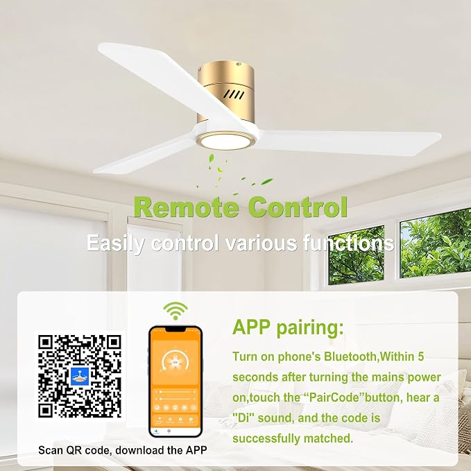 DAMINY Natural Solid Wood White and Gold 52 inch Ceiling Fan with Light,3 Blades,6CCT,Low Profile Ceiling Fan with Light and Remote Control, APP Control,Flush Mount