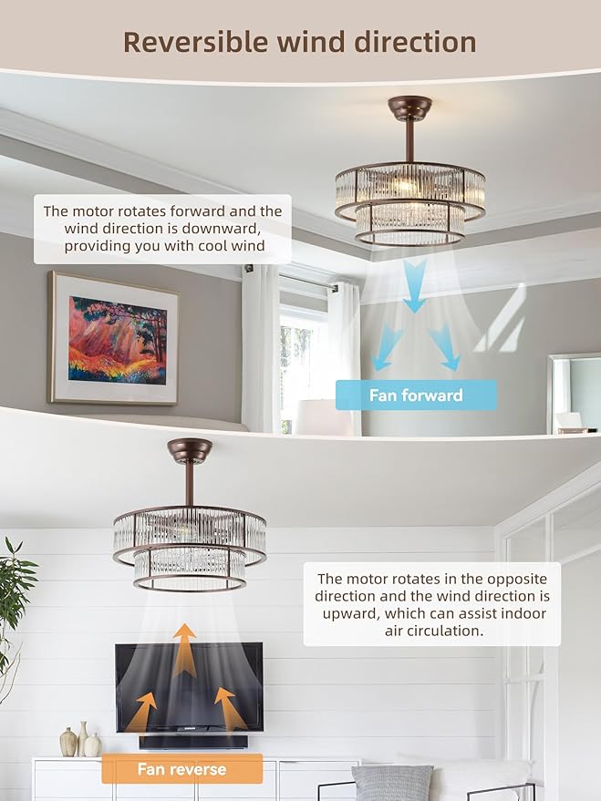 Brown Fandelier Ceiling Fans with Lights, 20" Brown Crystal Chandelier Ceiling Fan with Light Remote Control, Caged Mid Century with 6 Speeds for Bedroom, Living Room, Nursery