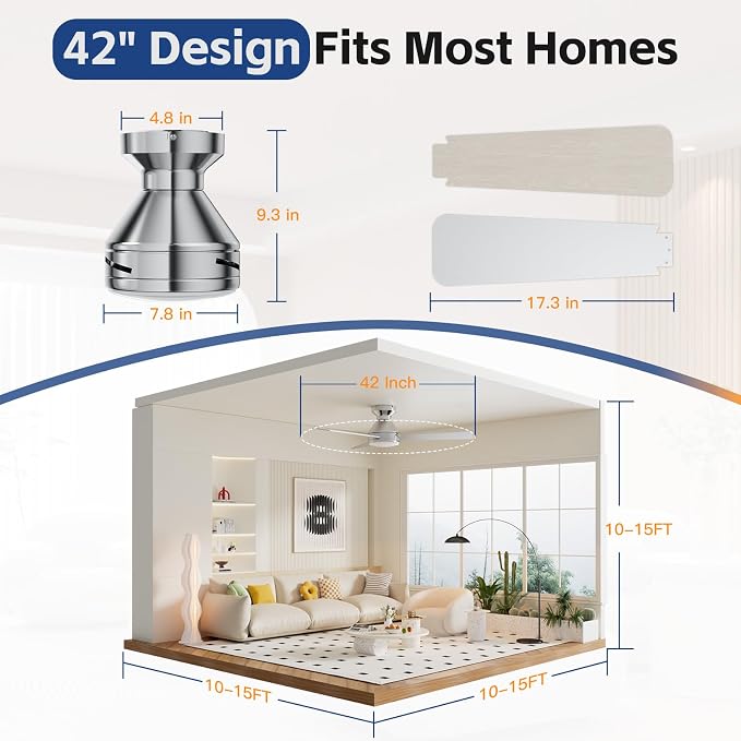 Ceiling Fans with Lights, 42 Inch Ceiling Fan with Light And Remote, 3CCT Flush Moun Low Profile Ceiling Fans, 6 Speed Noiseless LED Ceiling Fan, Advanced Nickel Ceilings Fan for Bedroom Living Room