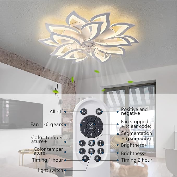 15Leaves-White Flower Modern CeilingFans with Lights, Low Profile Ceiling Fan with Remote for Bedroom, Ceiling Fan with LED Dimmable Light,3-Colors, 6-Speeds, Timing CeilingFan Light