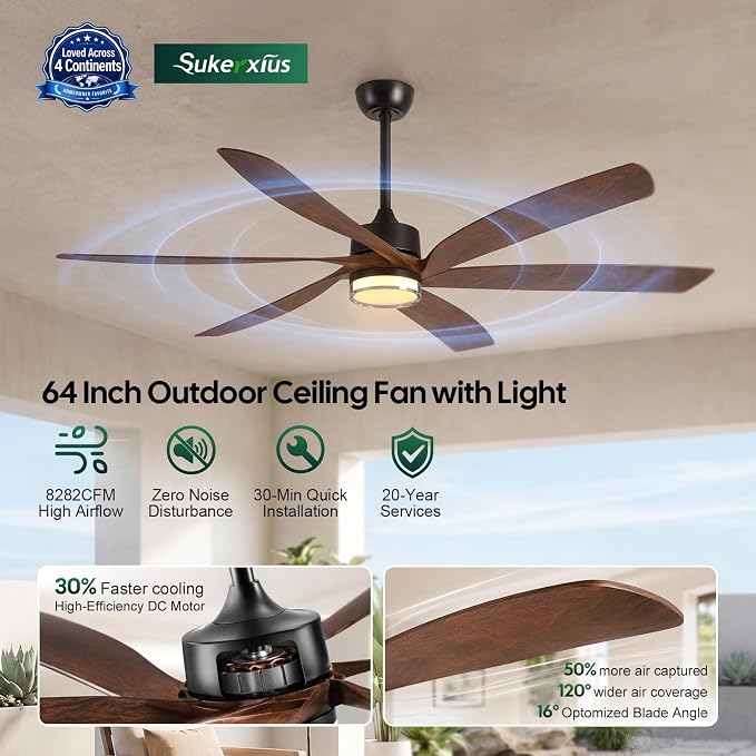 64 inch Smart Outdoor Ceiling Fan with Light for Patio, 6 Blades 8282 CFM Large Airflow, Alexa/APP/Remote Control, ETL Listed Quiet Reversible DC Motor, for Indoor Covered Gazebo Farmhouse, Brown