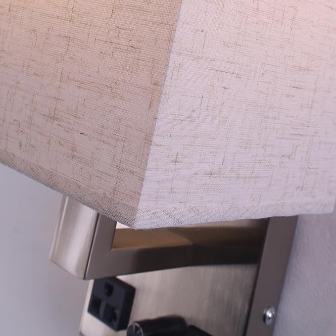 Bedside Wall Lamp for Bedroom, Plug in Wall Sconce - Dimmable Switch with AC Outlet & USB Charging Port, Fabric Shade, Black Wall Mounted Light for Living Room, Hotel (Satin Nickel)