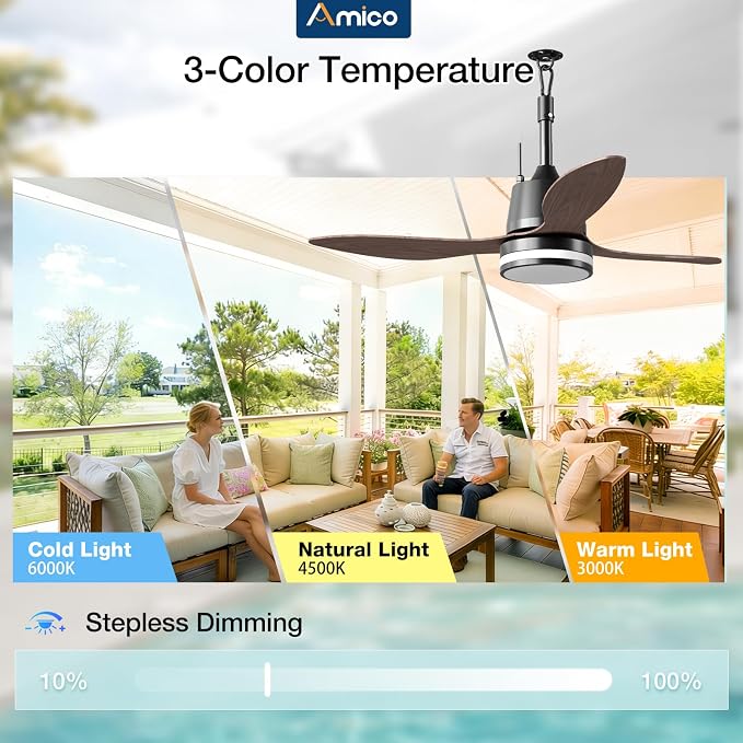 Amico 42 Inch Outdoor Ceiling Fans with Lights for Patios, IP65 Waterproof Gazebo Fan Remote Control, 3000-6000K, 6 Speeds, Hook Hanging Plug in Ceiling Fan for Patio Porch Pergola Garage Canopy