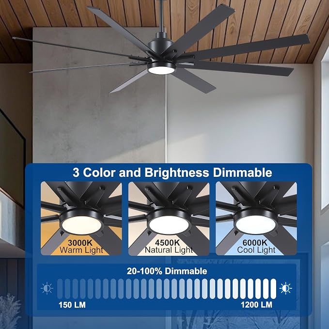 Rayqueen 72 Inch Black Ceiling Fans with Lights and Remote,Includes Downrod | Black Blades,6 Speed Reversible DC motor,3-color temperature dimmable LED.5.9/11.8/23.6 inch downrod