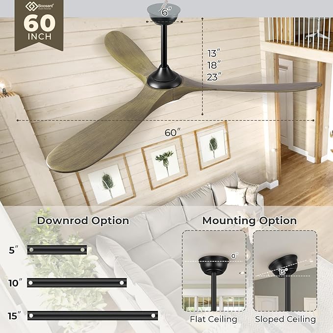 60" Ceiling Fans with Lights and Remote Control, Outdoor Ceiling Fan with Lights High CFM Quiet 3 Blade Wood Walnut Ceiling Fan,Bronze Gray