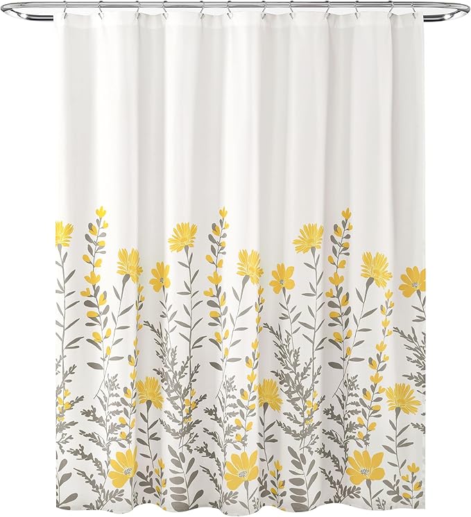Lush Decor Aprile Floral Shower Curtain Single 72" W x 72" L, Yellow & Gray - Floral Shower Curtains - Bathroom Décor - Cottage Shower Curtain