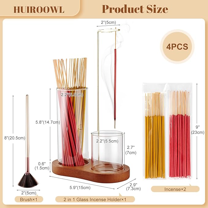 2 in 1 Glass Incense Holder for Sticks, Upside Down Incense Burner with Ash Catcher & Storage for Yoga Spa Home Decor Meditation - Brush & 40 Incense Sticks