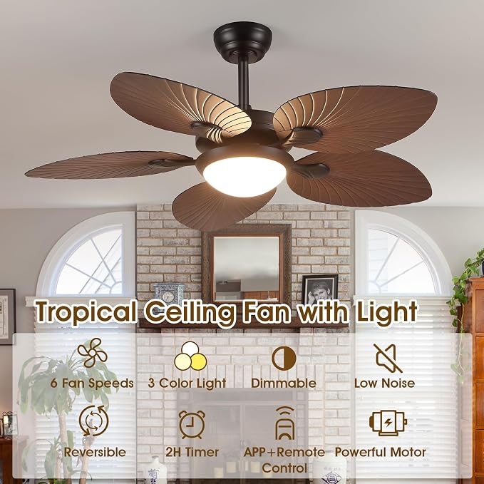Wiviniya Tropical Ceiling Fans with Lights, 44 Inch Palm Leaf Outdoor Ceiling Fan with Light for Patios Porch Bedroom, Remote/APP Control, Reversible Quiet DC Motor, Dimmable LED, Brown