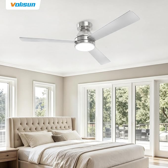 VOLISUN Ceiling Fans with Lights Flush Mount, 42 inch Low Profile Ceiling Fan with Light and Remote, Queit & Reversible Motor,3CCT, Dimmable, Modern Ceilings Fans for Bedroom, Living Room(Nickel)