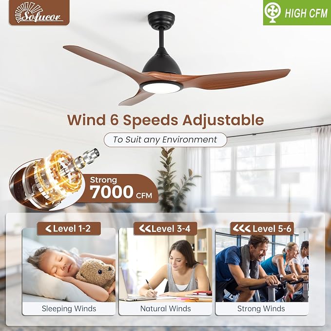 Sofucor 52 Inch Outdoor Ceiling Fans with Lights, Modern Ceiling Fan with 3 Plastic Blade, Quiet, Dimmable, High 7000CFM 6-Speed 3-Timer Reversible DC Motor, for Bedroom Living Room, ETL, Brown