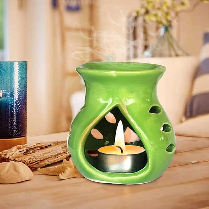 Ceramic Essential Oil Burner Wax Melt Burners |Aromatherapy| Ceramic Oil Diffuser| Candle Tealight Holder (Set of 1) Home Bedroom Decor Christmas Housewarming Gift, Green