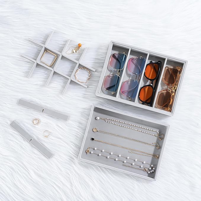 ProCase Stackable Jewelry Organizer Trays for Drawers, Jewelry Drawer Inserts Container Display Case Storage for Earring Necklace Ring Bracelet Sunglasses Glass -Grey, 4 Layers