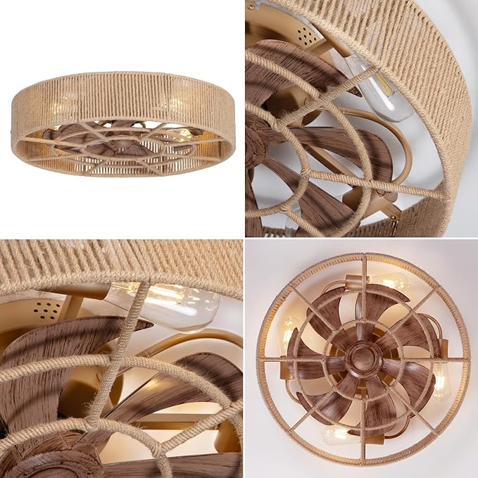 SHLUCE 22" Rattan Boho Caged Ceiling Fan with Light, Flush Mount Low Profile Ceiling Fan with Light, Rustic Large Bladeless Ceiling Fans with Lights and Remote for Bedroom, Living Room, Kitchen - ETL