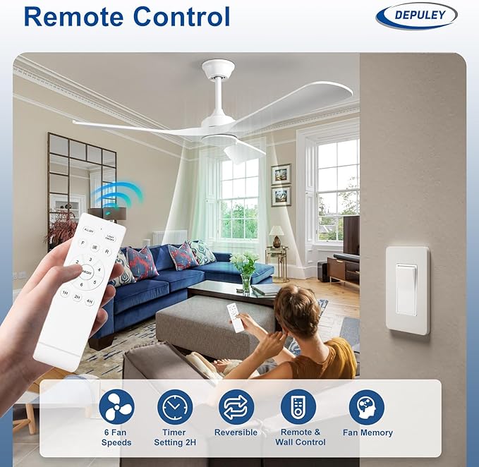 Depuley Ceiling Fan Without Light: 52 Inch 3 Blade Outdoor Fans for Patios - White Fandelier Ceiling Fan No Light Indoor Remote Control Ultra Quiet DC Motor Reversible 6 Speed